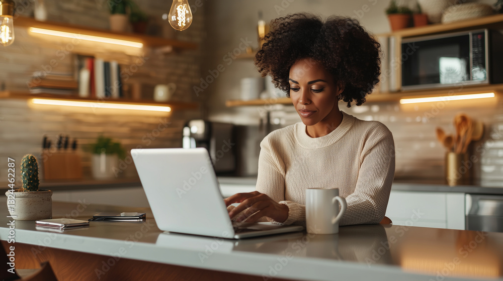 Modern kitchen scene with entrepreneur multitasking on digital devices Modern kitchen scene with entrepreneur multitasking on digital devices