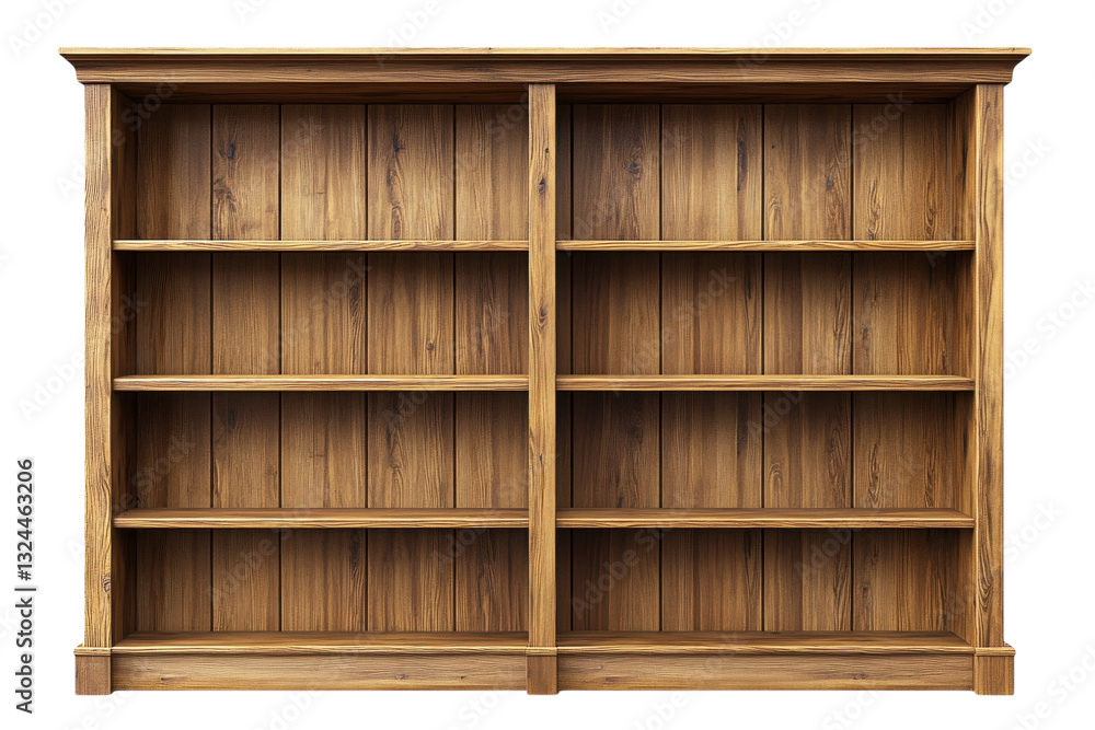 Stylish wooden bookshelf with roomy shelves for books and decor in a bright space isolated on transparent background Stylish wooden bookshelf with roomy shelves for books and decor in a bright space isolated on transparent background