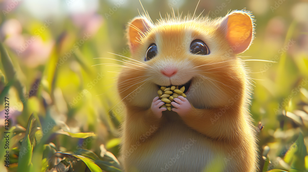 Fototapeta premium Realistic close-up animation of a golden hamster stuffing its tiny cheeks with seeds, its whiskers twitching in excitement 