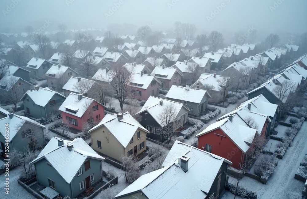 Fototapeta premium Aerial view of colorful townhouses covered in snow during winter season. Suburban neighborhood with residential houses, trees under fog, frost weather. Real estate investment in snowfall season. Cold