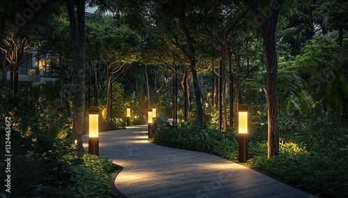 An array of modern LED bollard lights illuminating the pathway in an urban park