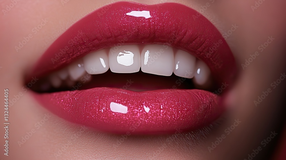 Obraz premium Beautiful full lips with pink lipstick and gloss show perfect teeth, symbolizing beauty and dental care.