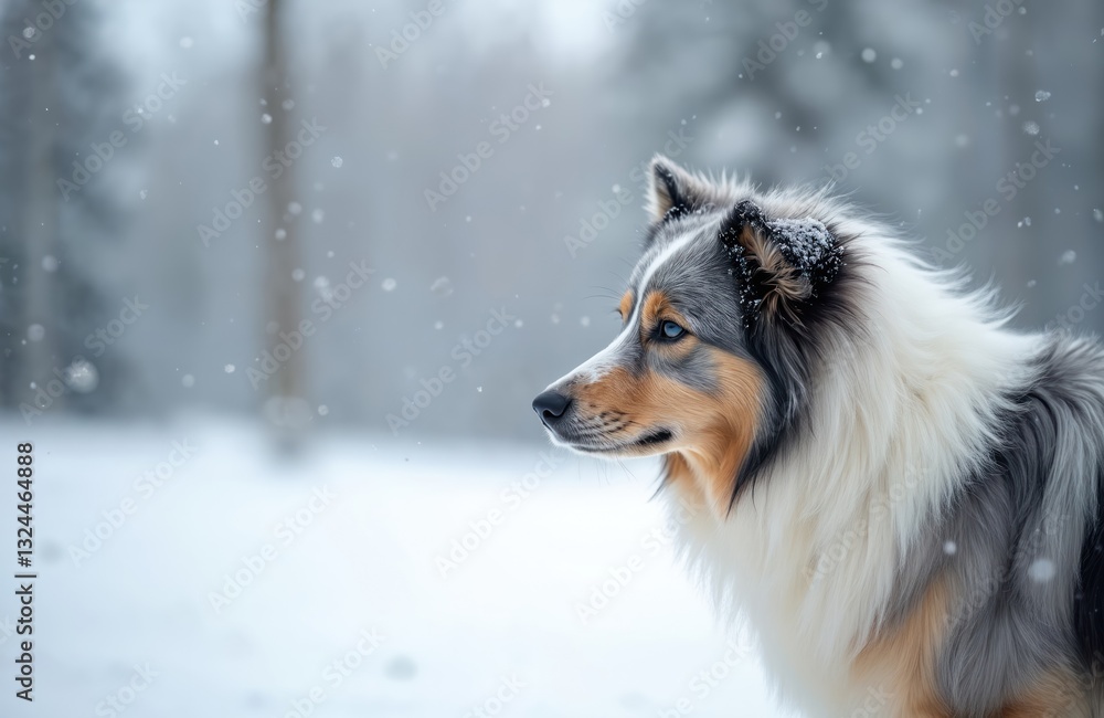Side face portrait of Polish Lowland Sheepdog against snowy winter landscape. PON breed canine with fluffy coat, expressive eyes. A beautiful, loving animal in nature. Side face portrait of Polish Lowland Sheepdog against snowy winter landscape. PON breed canine with fluffy coat, expressive eyes. A beautiful, loving animal in nature.