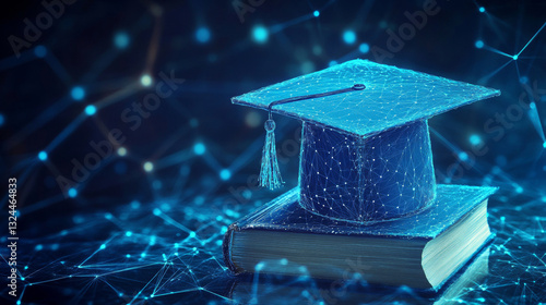 Abstract graduation cap over a book. E-learning or Education concept. Digital 3D Vector illustration in technology blue on dark background. Low poly wireframe style.