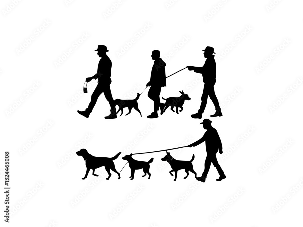 A collection of silhouettes of people walking dogs on leashes, black and white silhouettes of people walking dogs. A collection of silhouettes of people walking dogs on leashes, black and white silhouettes of people walking dogs.
