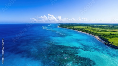 Azure Coastal Vista: Aerial panorama captures a vibrant expanse of deep turquoise waters meeting a lush green coastline under a brilliant blue sky, inviting exploration of this pristine seascape.