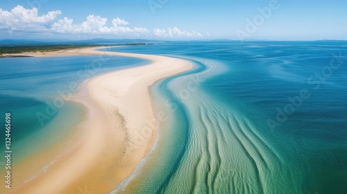 Serene Beach Vista: An aerial shot showcases a pristine sandy beach gracefully extending into a sea of turquoise and deep blue waters, under a sky dotted with fluffy clouds.
