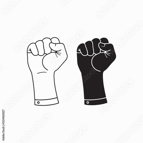  An illustration with three fists raised up. Hand outline. color art concept of resistance, strength, majority, fight, defending rights of society
