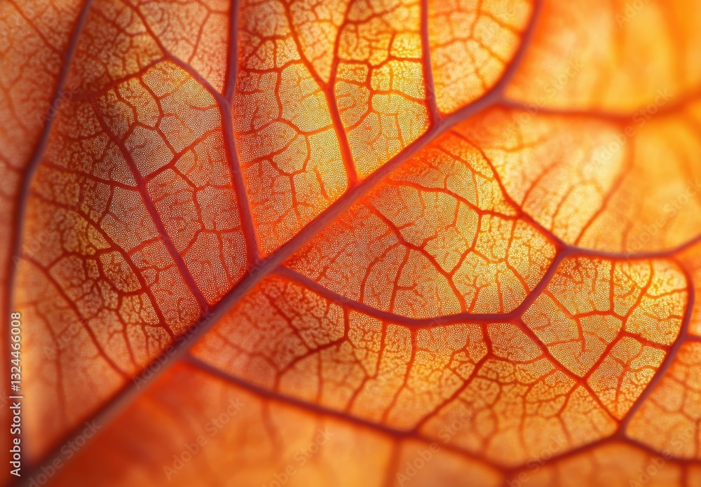 Obraz premium Close-up View of Vibrant Orange Leaf with Intricate Veins Showcasing Nature's Beauty and Seasonal Change in Autumn