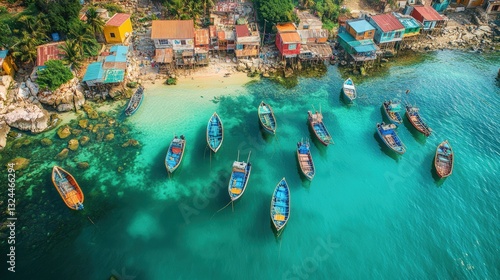 Coastal Village Charm: A vibrant coastal village scene, boats bobbing on the turquoise water, capturing the essence of a serene seaside getaway. 
