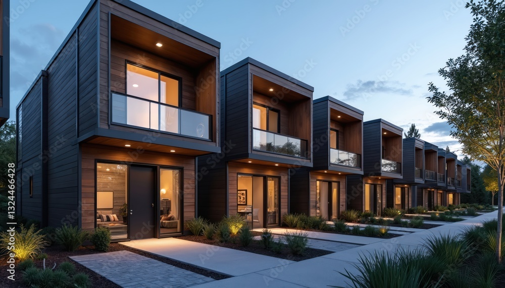 Modern modular townhouses row. Residential minimalist architecture exterior. Contemporary cubic building design. Private real estate property in suburban complex. Family home, modern urban dwelling. Modern modular townhouses row. Residential minimalist architecture exterior. Contemporary cubic building design. Private real estate property in suburban complex. Family home, modern urban dwelling.