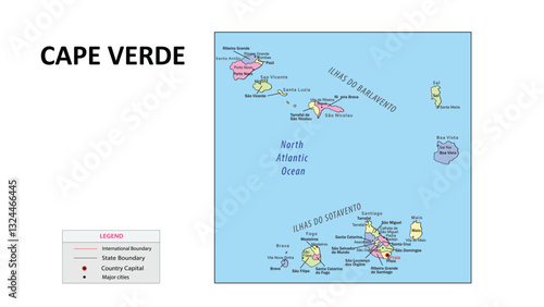 Cape Verde Map. State and union territories of Cape Verde with neighbouring countries. Political map of Cape Verde with capital and important cities in Detailed.