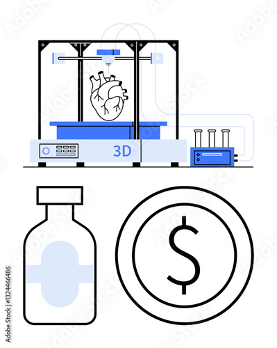 3D printer fabricating a heart model alongside a capsule-thumbs up medicine bottle and dollar symbol, exploring innovation in healthcare, biotechnology, and cost-value themes. Ideal for health