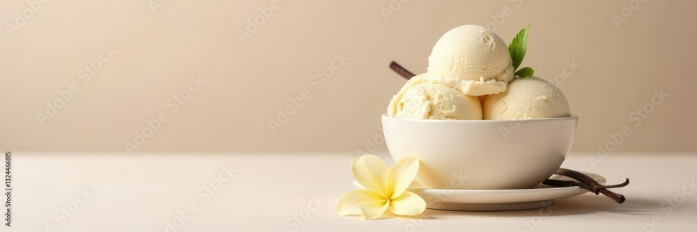 Vanilla ice cream on a flat, minimalist table, plain, summer, cold Vanilla ice cream on a flat, minimalist table, plain, summer, cold
