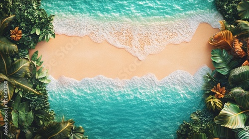 Tropical Paradise: A stunning aerial view of a tropical beach scene, with turquoise water gently lapping the shore and lush green foliage framing the sandy beach, capturing the essence of paradise.