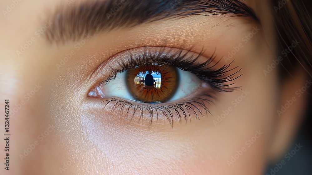Brown eye with long lashes shows healthy vision, cosmetology makeup, and eye care. Brown eye with long lashes shows healthy vision, cosmetology makeup, and eye care.