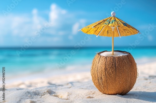 Wallpaper Mural Coconut drink with an umbrella on a sandy beach under a clear blue sky, tropical paradise atmosphere captured in a serene and refreshing setting Torontodigital.ca