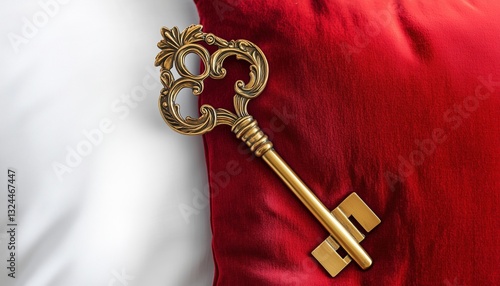 Royal Red Velvet Pillow With A Gold Key On A White Background - Exquisite And Luxurious Home Decor Accent Piece.