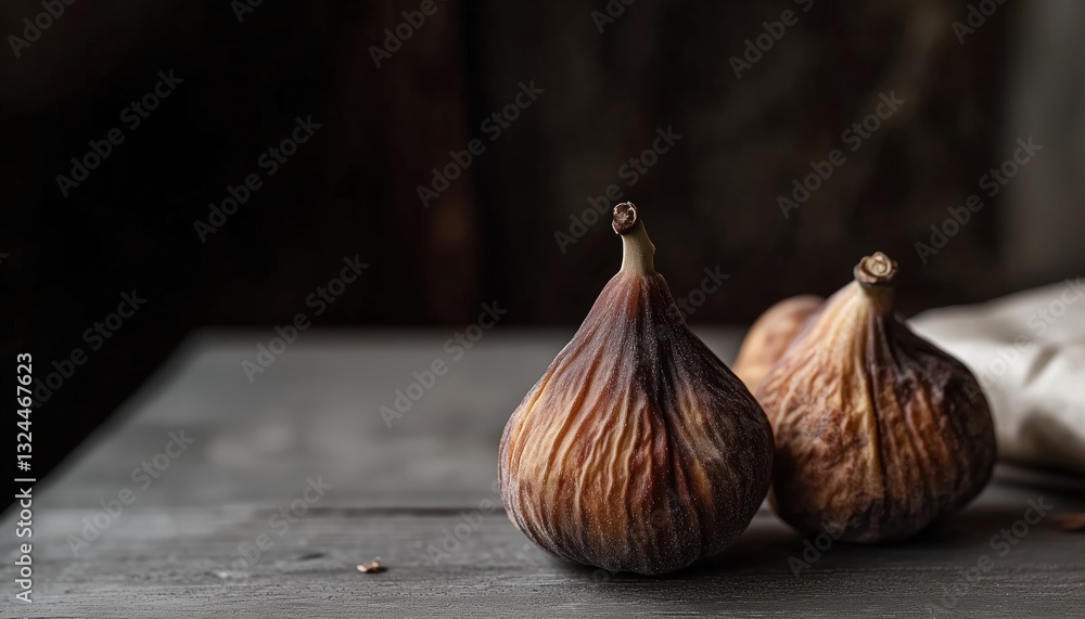 Obraz premium Delicious Dried Figs Displayed On A Rustic Grey Wooden Table, Creating A Natural And Inviting Setting For A Healthy Snack.