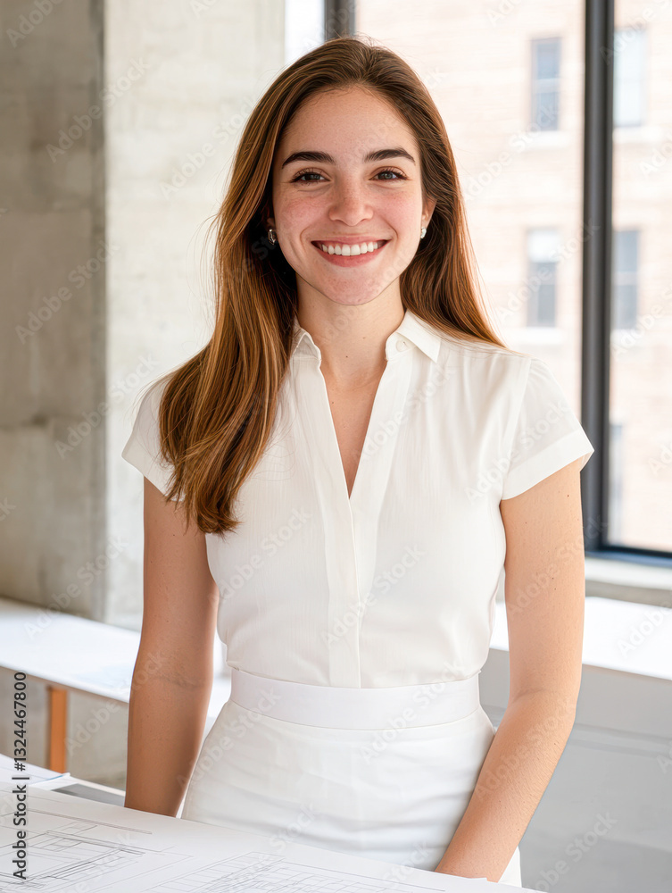 Smiling woman in a white blouse standing near a bright window in a modern setting. Smiling woman in a white blouse standing near a bright window in a modern setting.