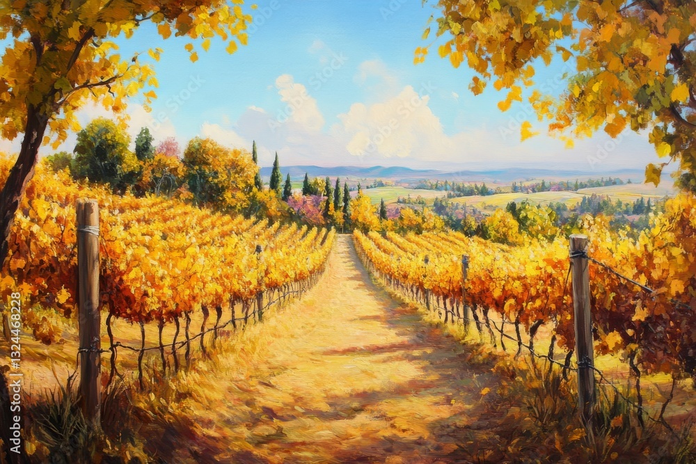 Fototapeta premium Beautiful vineyard scenery with golden autumn leaves in a serene landscape