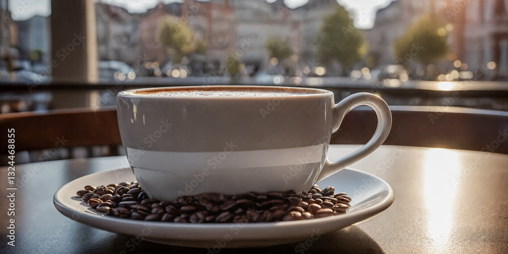 Ein eleganter Cappuccino auf einer weißen Untertasse mit Kaffeebohnen, serviert in einem stilvollen Café mit urbanem Blick Ein eleganter Cappuccino auf einer weißen Untertasse mit Kaffeebohnen, serviert in einem stilvollen Café mit urbanem Blick
