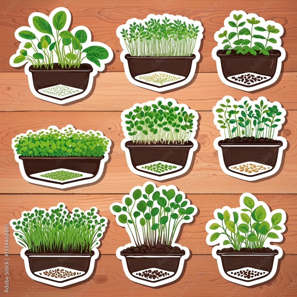 Fototapeta premium Variety of plants illustrated in pots showcasing different types of seedlings on a wooden background