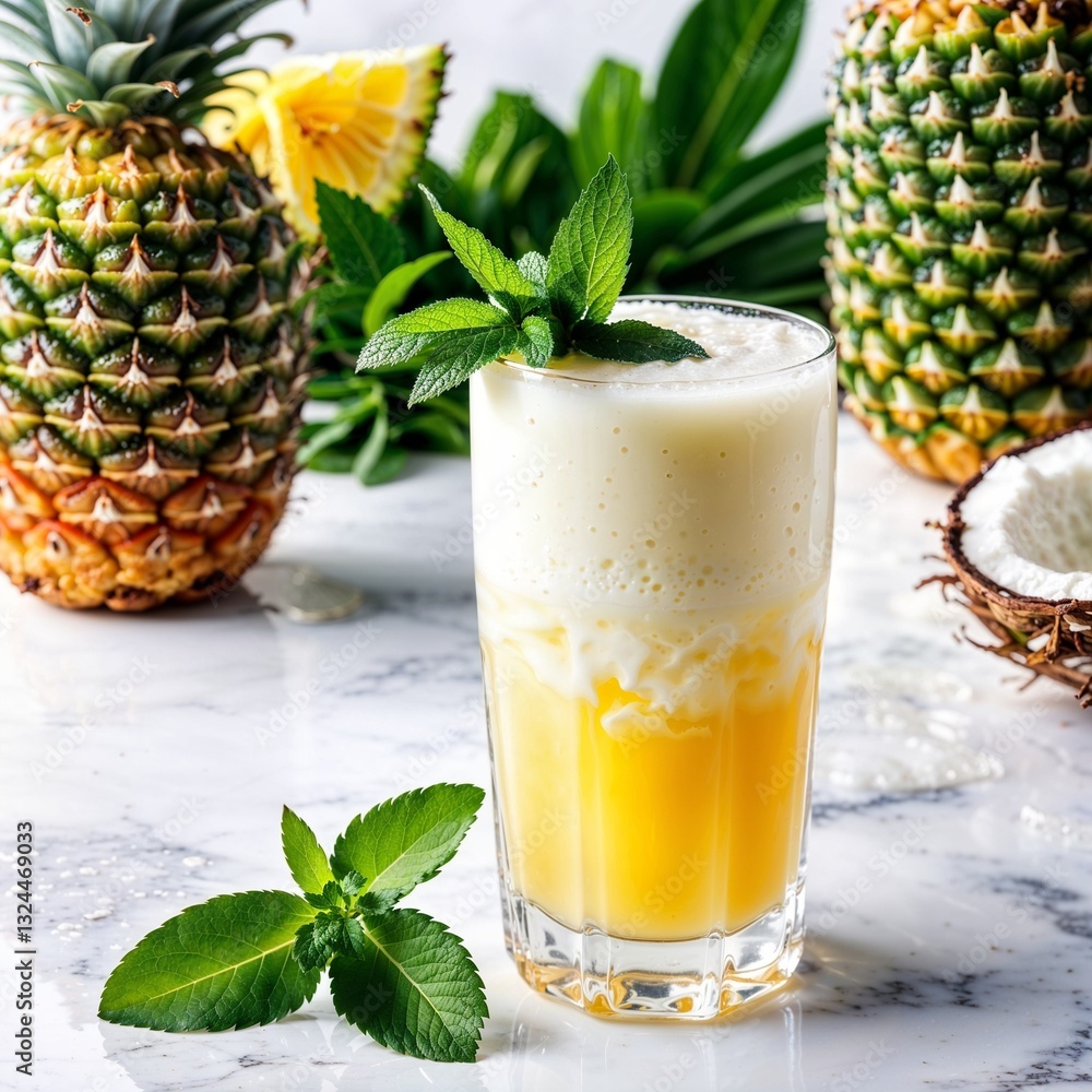 Creamy tropical pineapple drink topped with fresh mint leaves and surrounded by pineapple and coconut Creamy tropical pineapple drink topped with fresh mint leaves and surrounded by pineapple and coconut
