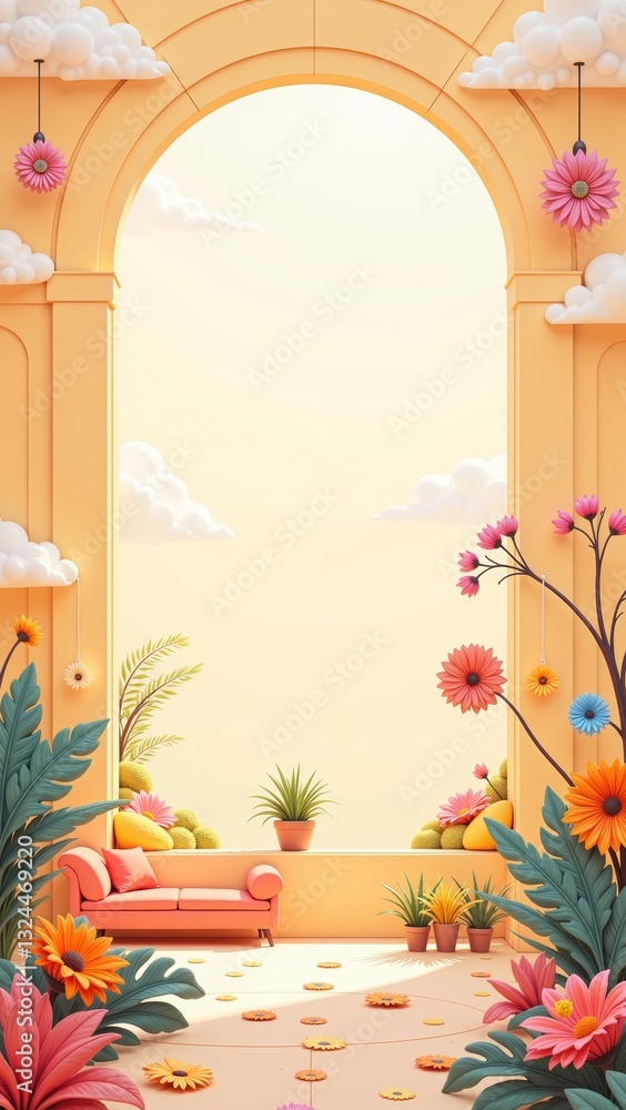 Naklejka premium Bright and cheerful interior featuring vibrant flowers, greenery, and cozy couch, embodying joy junction. Concept showcases harmonious design with joy junction theme
