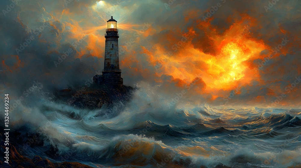 Lighthouse Standing Against Stormy Ocean with Powerful Waves Crashing and Dramatic Fiery Orange Sunset Sky with Dark Storm Clouds in Maritime Seascape Painting Lighthouse Standing Against Stormy Ocean with Powerful Waves Crashing and Dramatic Fiery Orange Sunset Sky with Dark Storm Clouds in Maritime Seascape Painting