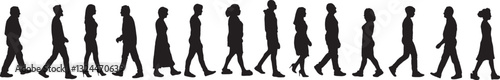vector; silhouette of a large group of women and men walking