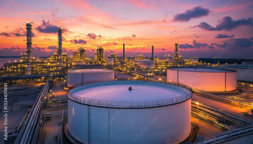 Naklejka premium White Oil Tank Storage For Petrochemical Products At Oil Terminal In Deep Seaport For International Orders. Petroleum Refinery Product.