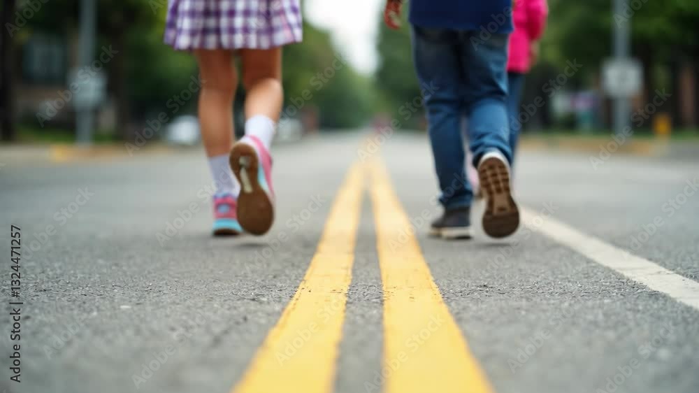 Young kids stroll down a peaceful street, their vibrant footwear contrasting with the asphalt Young kids stroll down a peaceful street, their vibrant footwear contrasting with the asphalt