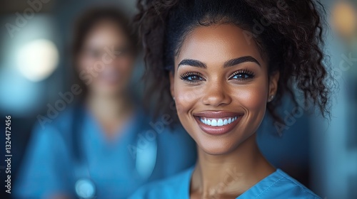 Close-up of a radiant African American nurse smiling with a colleague in a clinical setting.