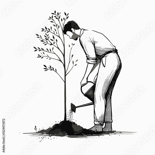 Stylized illustration of man watering young tree in minimalist black and white style