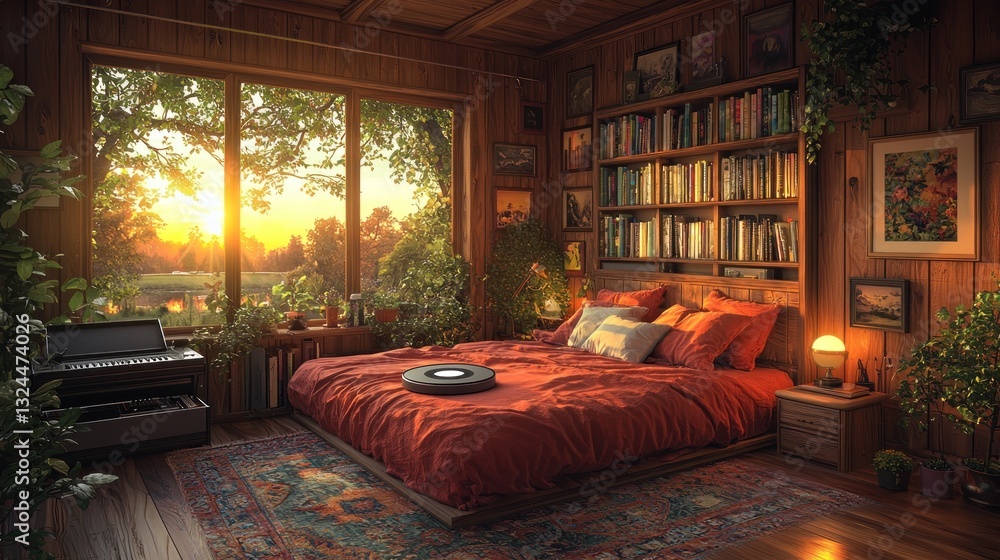 Serene bedroom retreat with sunset view, cozy ambiance, and vintage charm Serene bedroom retreat with sunset view, cozy ambiance, and vintage charm