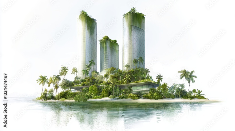 Fototapeta premium A breathtaking rendering of futuristic city with lush palm trees, glimpse into tomorrow's urban paradise