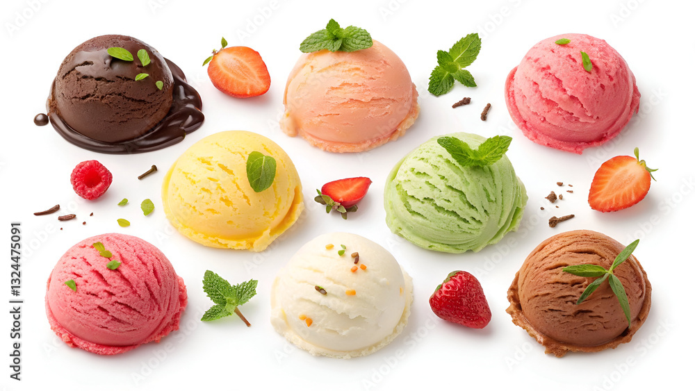 A collection of ice cream scoops in various flavors, isolated on a white background. A collection of ice cream scoops in various flavors, isolated on a white background.