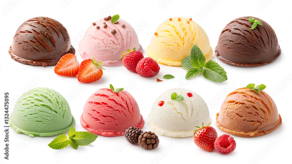 A collection of ice cream scoops in various flavors, isolated on a white background. A collection of ice cream scoops in various flavors, isolated on a white background.