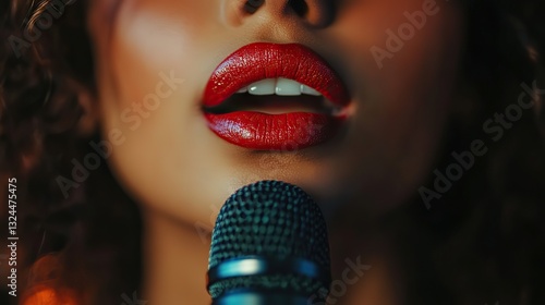 Close-up of a singer’s mouth, red lipstick, singing into microphone during live musical performance, vibrant entertainment energy
