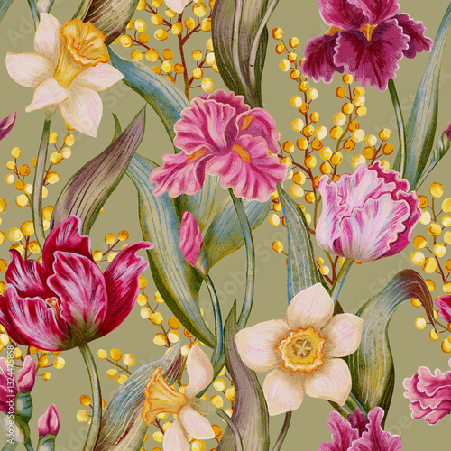 Watercolor tulips, irises, daffodils, mimosa. Floral seamless pattern. Vintage romantic background. Tulip flowers pattern. Spring. Holiday. Wrapping paper. Card. Flowers. Botanical print