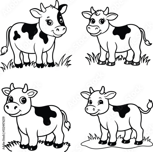 set of black and white cow line art coloring  page 