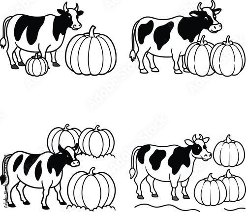 set of black and white cow line art coloring  page 