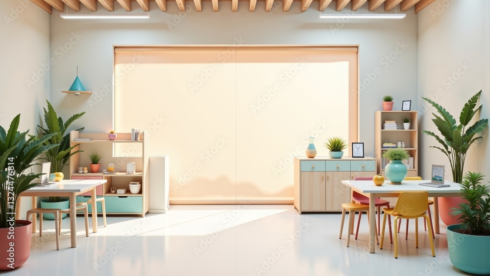 Fototapeta premium Bright and modern interior featuring plants, tables, and soft colors, showcasing welcoming atmosphere. Concept highlights bright beginnings lab, emphasizing creativity and inspiration