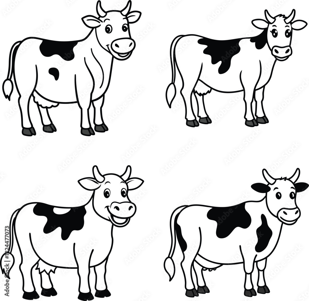 Fototapeta premium set of black and white cow line art coloring page 