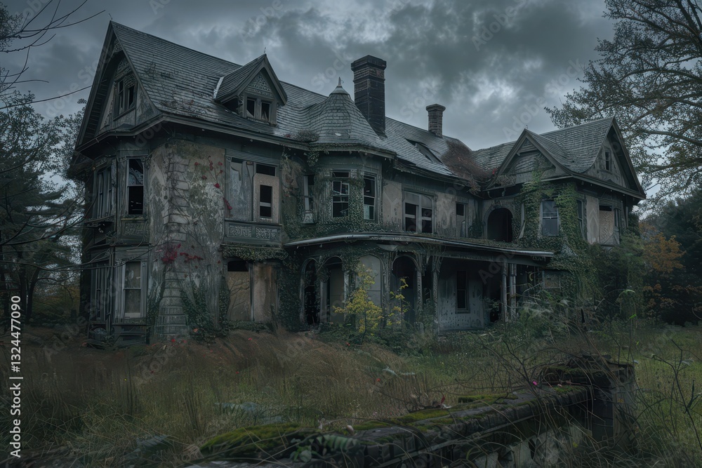 Intriguing abandoned mansion surrounded by overgrown nature on a gloomy day in a quiet, isolated location
