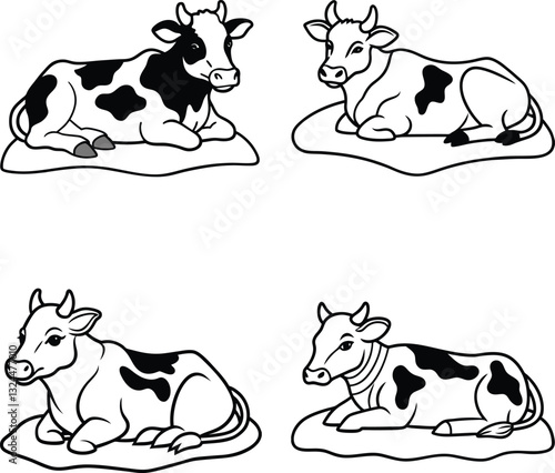 set of black and white cow line art coloring  page 