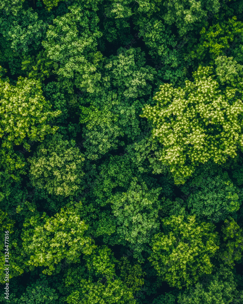 Naklejka premium Aerial view of a lush green forest with diverse tree species, showcasing the beauty of nature, biodiversity, and environmental conservation from a top-down perspective.