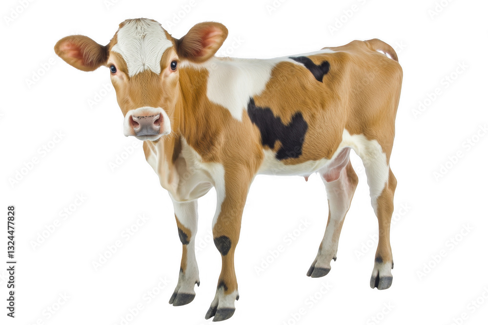 A cute calf with brown and white patches, isolated on a transparent background, showcasing its playful expression. A cute calf with brown and white patches, isolated on a transparent background, showcasing its playful expression.