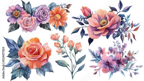 Wallpaper Mural Set of watercolor flower bouquets, clipart isolated on a white background, in pastel colors, Torontodigital.ca
